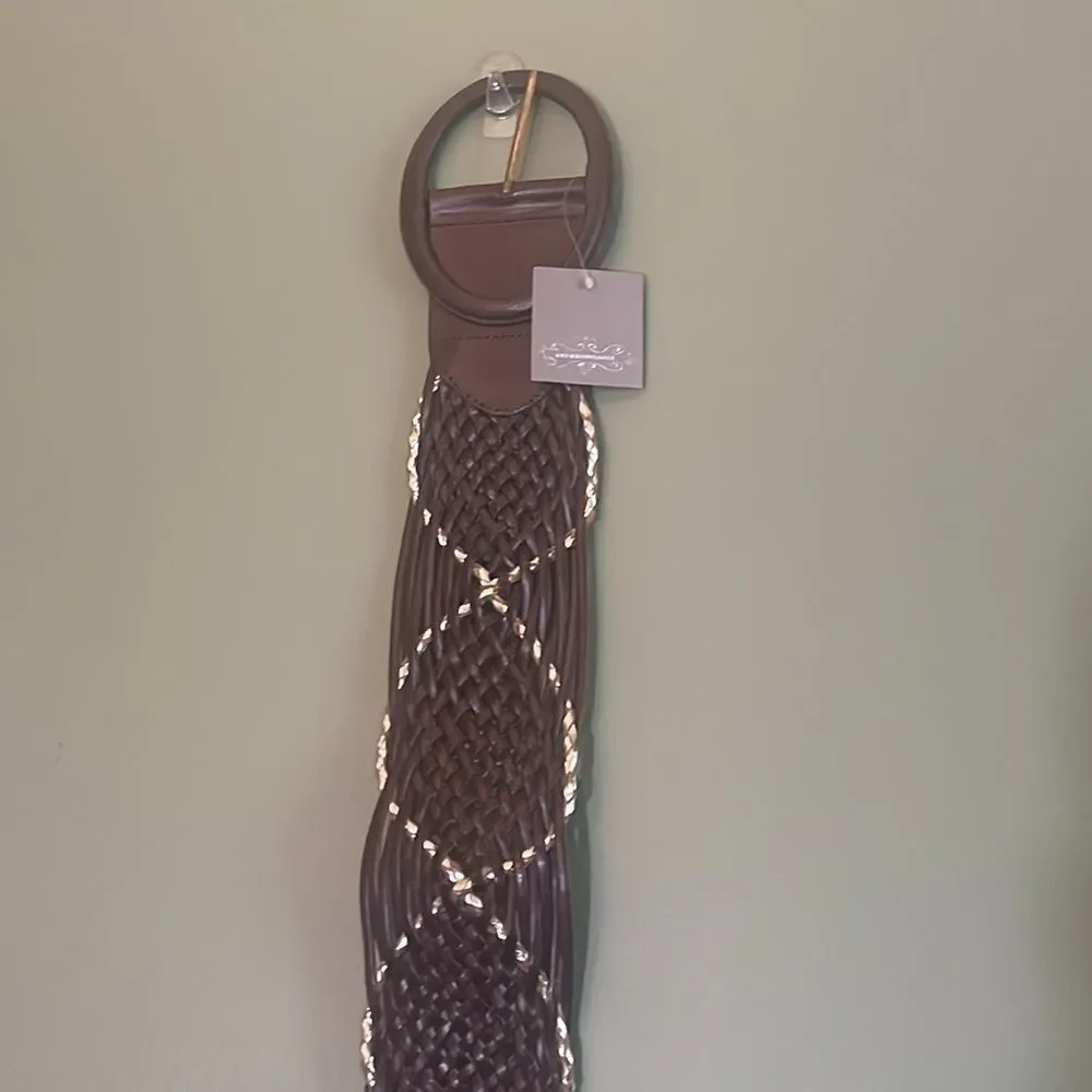 NWT Anthropologie Wide High Waist Brown Leather Woven Metallic Accent Belt Sz M